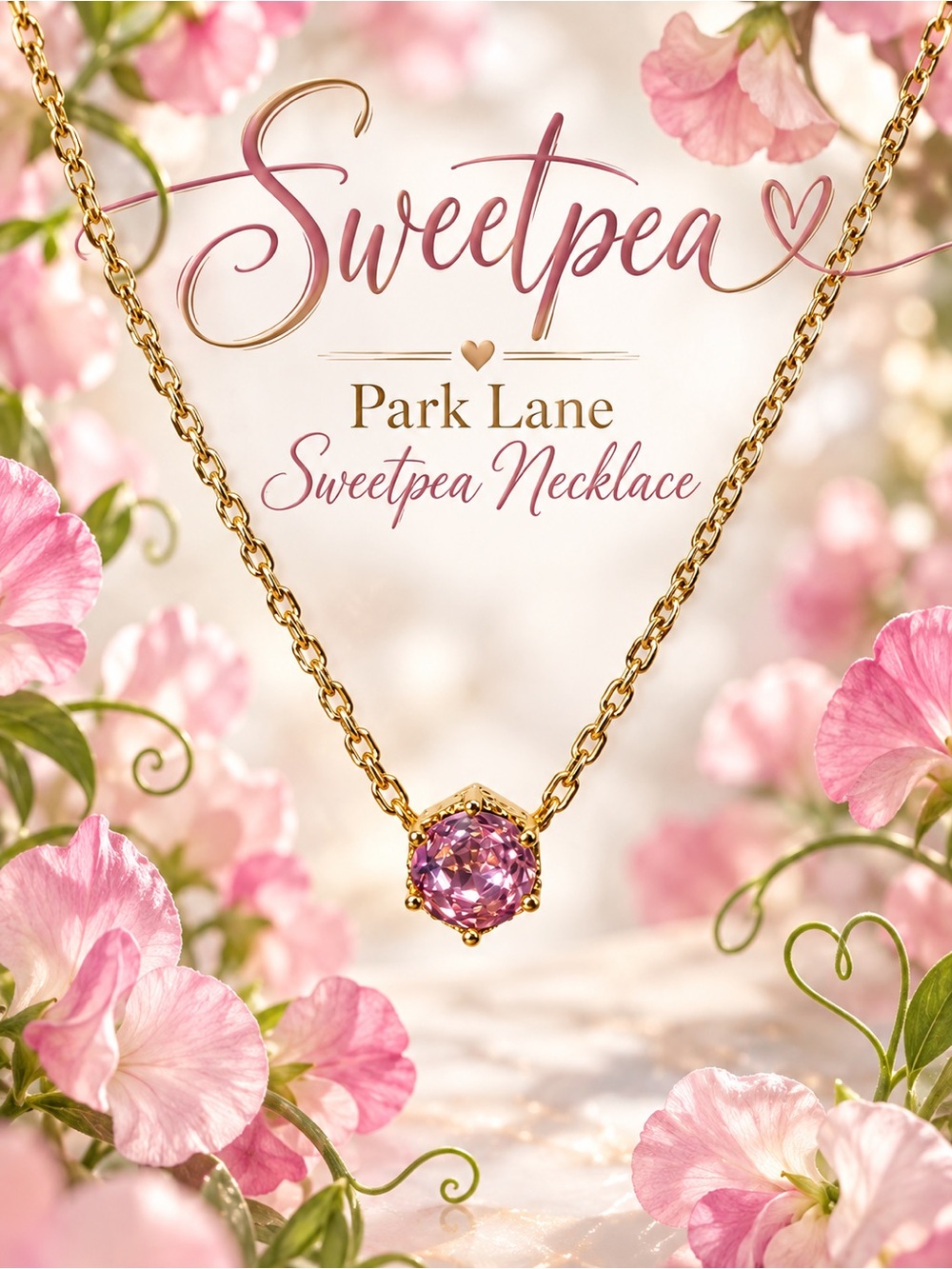 Park Lane Women’s Sweetpea Necklace Pink Crystal Statement Casual Gold Tone NEW
